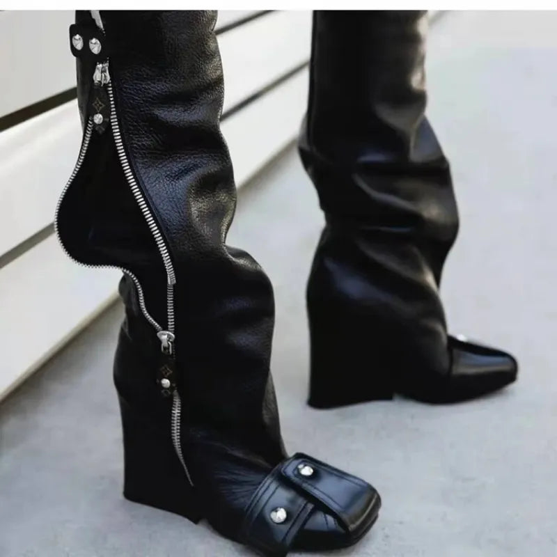 Brand Women's Boots Autumn and Winter Fashion Color Contrast Rivet Side Zipper High Heel Fashion Stage Show Party Boots