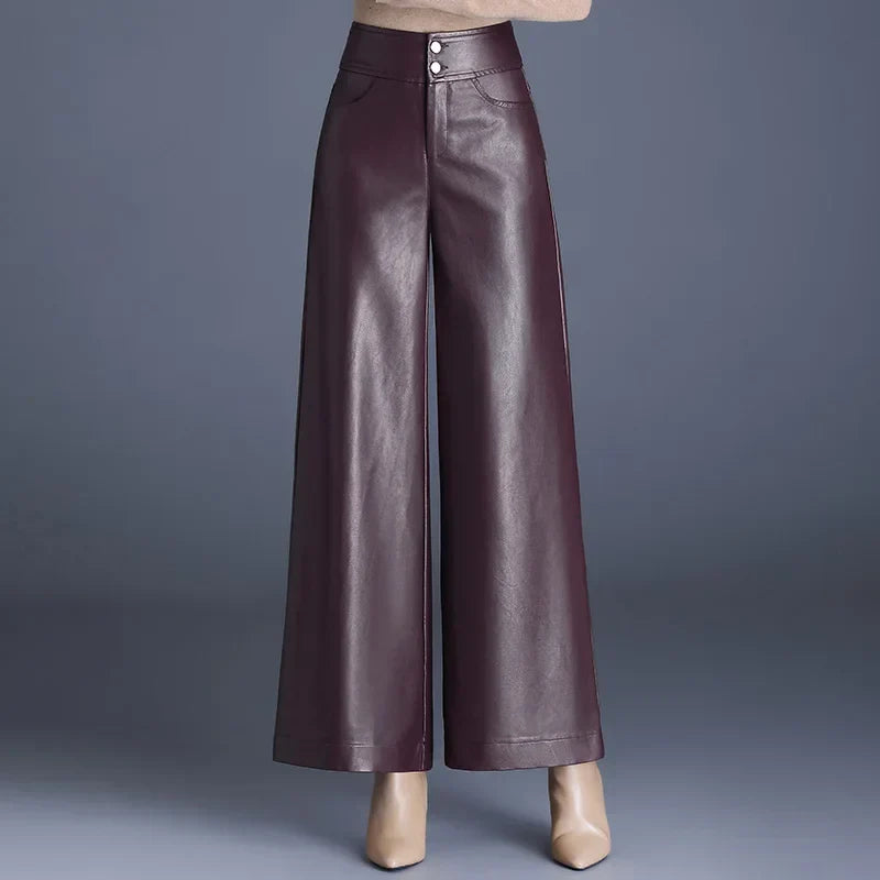 ZUZK High Quality Women PU Leather Wed Leg Pants Autumn Winter Fashion Warm Long Leather Pants Elegant LeatherTrousers Angola Red