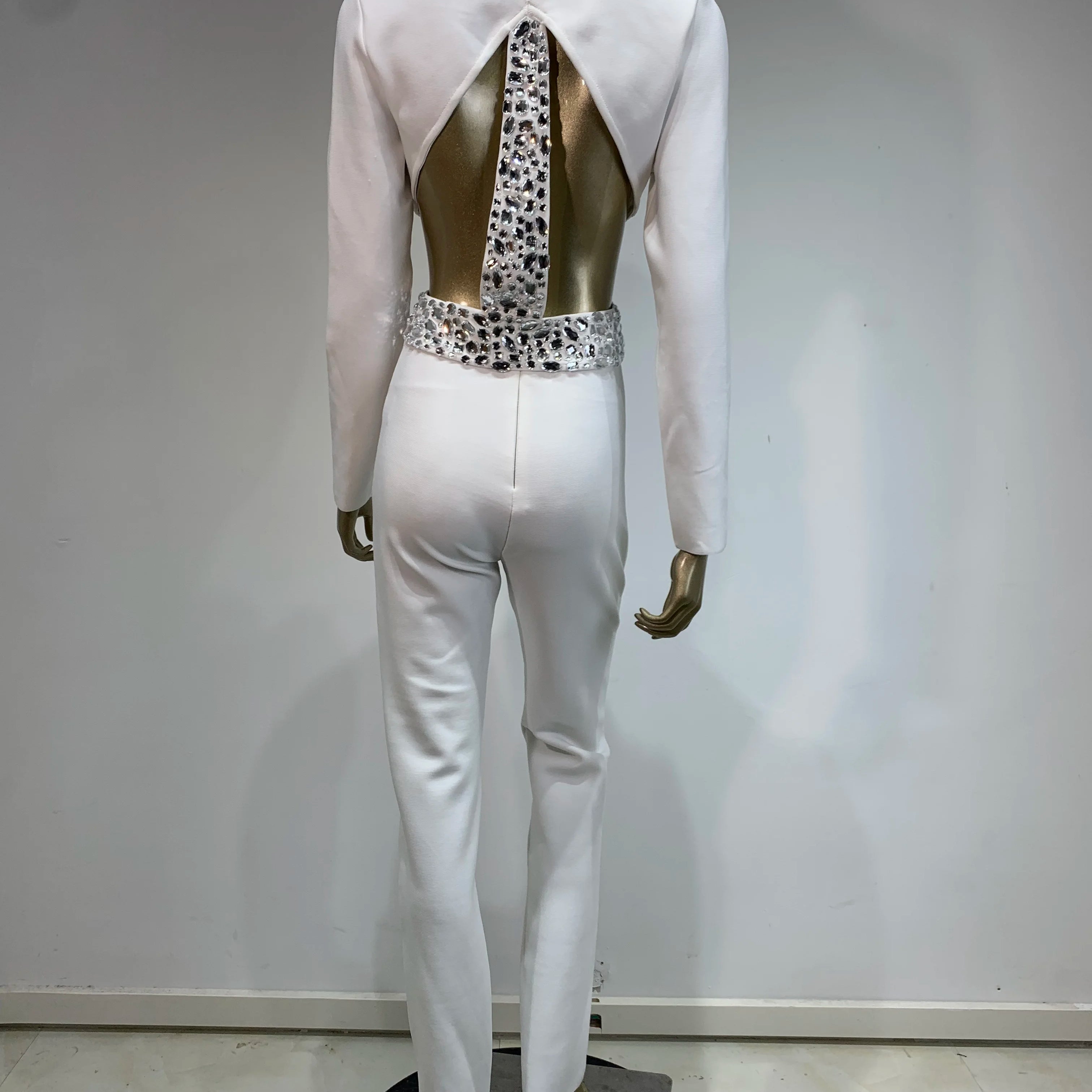 Women Winter Sexy Long Sleeve Beading Black White Two Pieces Pants Bandage Set 2025 Celebrity Designer Fashion Women's Set