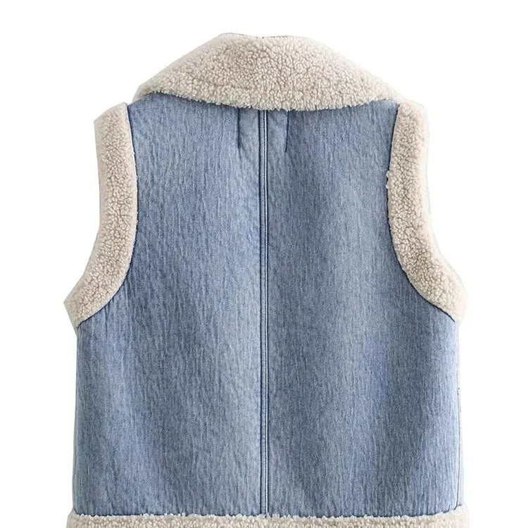 Women Faux Sheepskin Fur Waistcoat Autumn Winter Chic Lady Denim Vest Woman Sleeveless V Neck Jacket Waistcoats