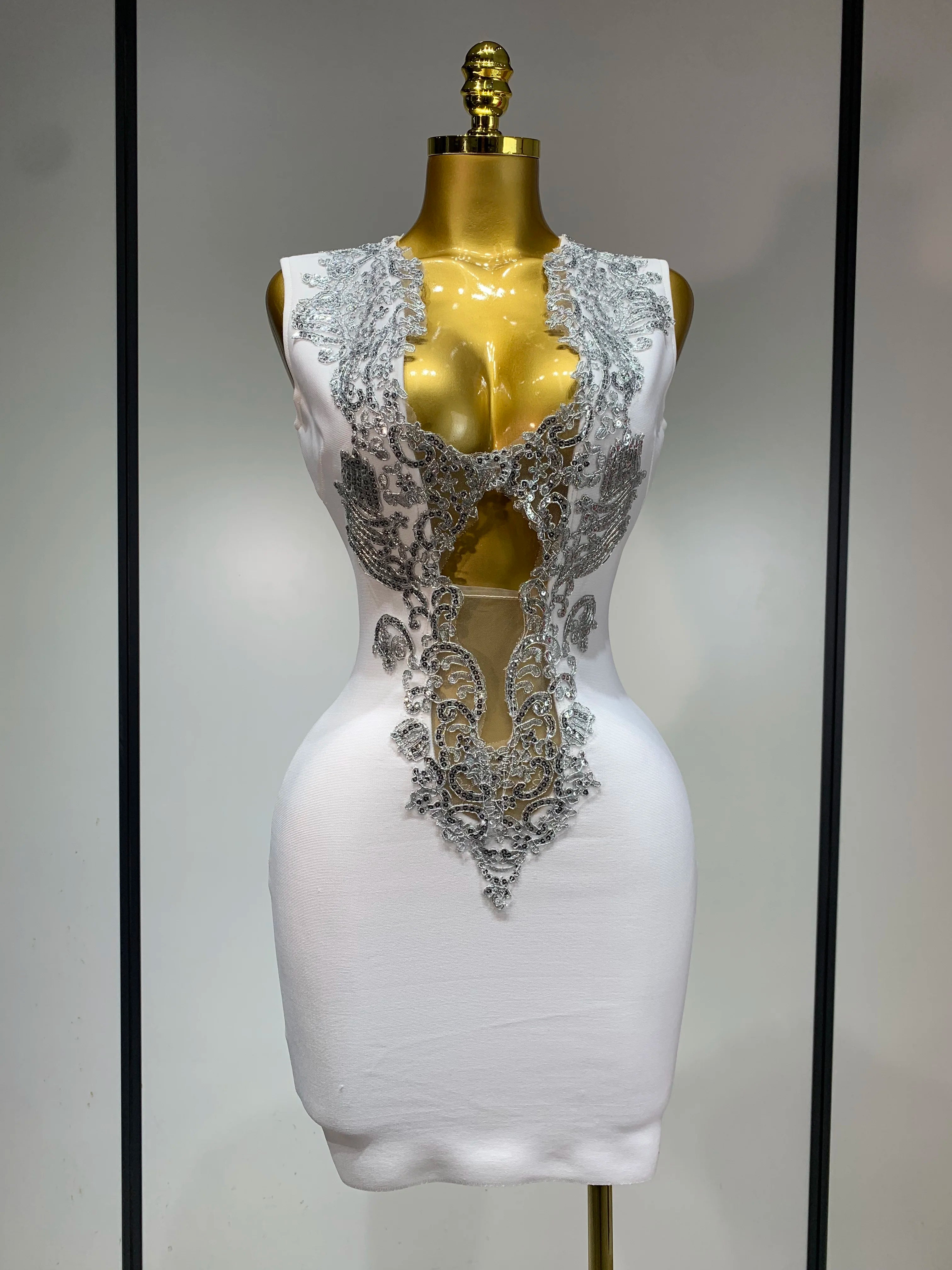 Women 2025 Sexy V Neck Cut Out Short Bandage Dress Silver Sequin White Elegant Luxury Birthday Party Club Wedding Vestidos