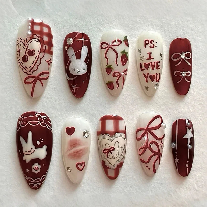 24pcs Bow Cartoon Rabbit Press on Nails Almond French Fake Nails Full Cover Wearable False Nails