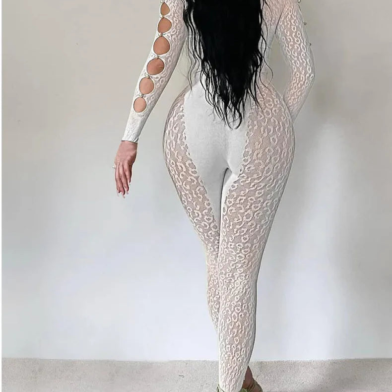CM.YAYA 2025 Long Sleeve Sexy Leopard Lace See Through Women’s Jumpsuits Summer Slash Neck Night Club Party One Piece Outfits