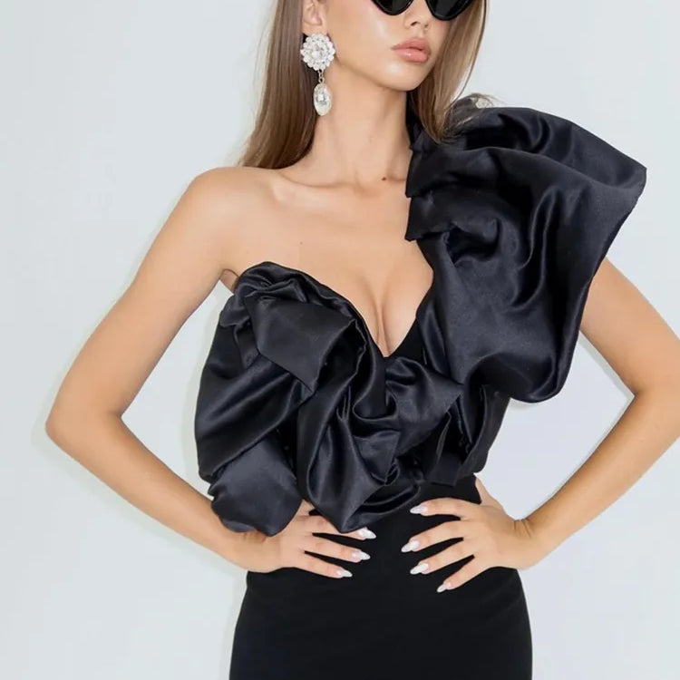 Women Sexy One Shoulder Ruffles Black Maxi Long Bodycon Bandage Dress 2024 Elegant Evening Club Party Dress