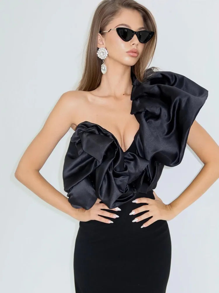 Women Sexy One Shoulder Ruffles Black Maxi Long Bodycon Bandage Dress 2024 Elegant Evening Club Party Dress