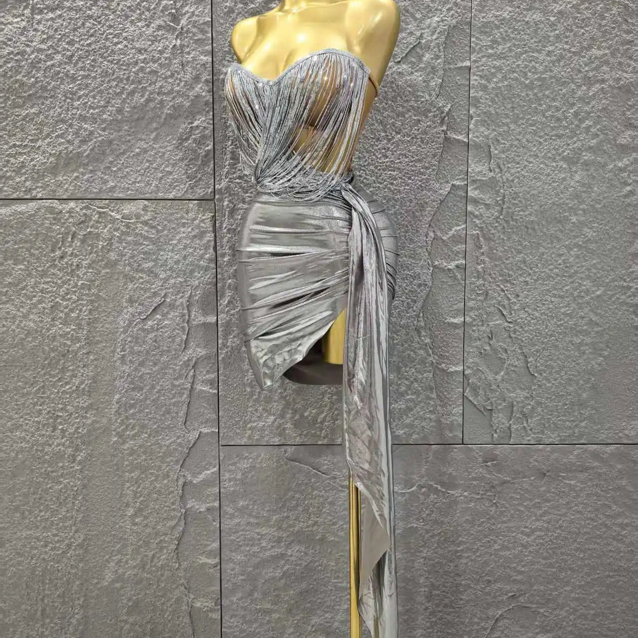 Silver Color Women Sexy Strapless Tassels 2 Pieces Bodycon Mini Dress Nightclub Party Bar Singer Celebrate Performance Costume