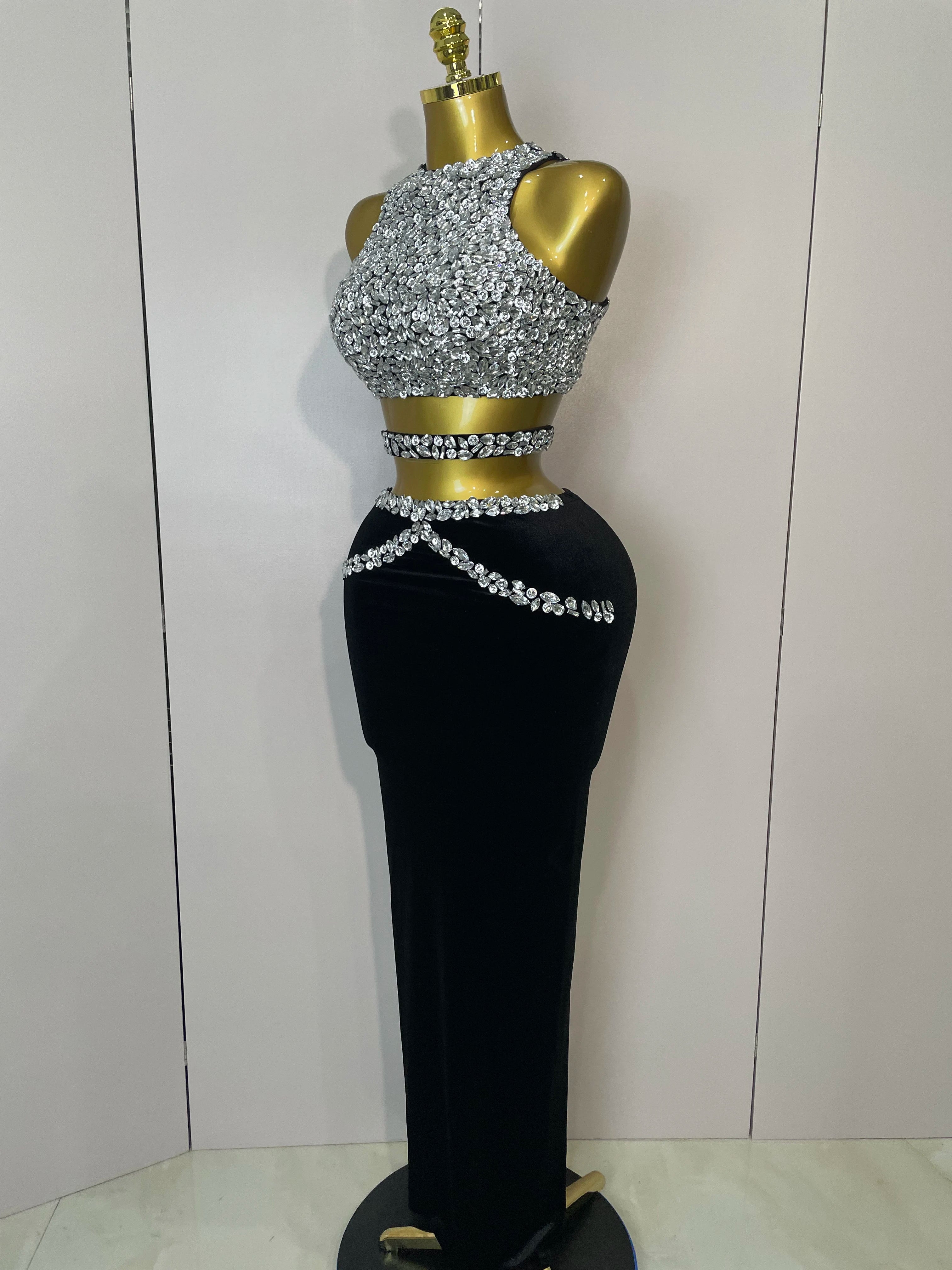 STOCK 2025 Women Sparkly Rhinestone Two-piece Set Sexy Velvet Singer Nightclub Outfit Celebrate Birthday Elegant Party Dresses