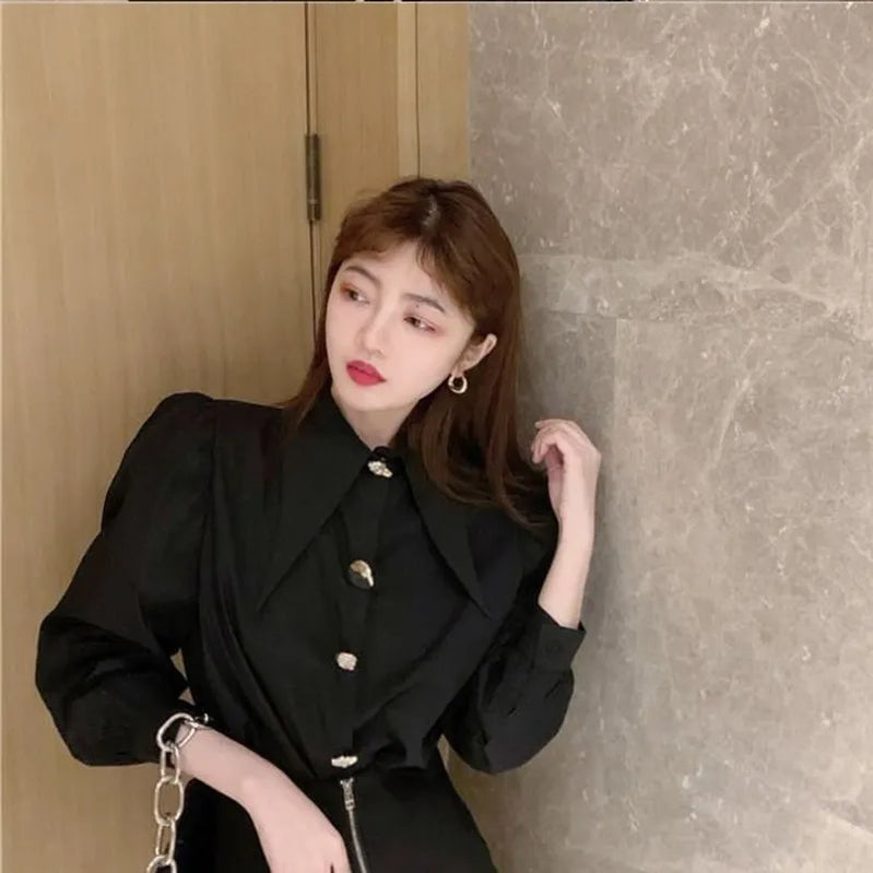 Comfort Women's Shirts Sharp Corner Lapel Fashion Lady Blouses Korean Style White All-match Long-sleeved Tops Autumn black