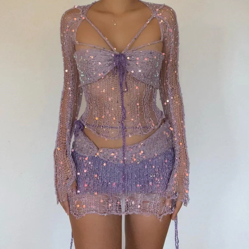 Sequins Knitted Hollow Out Two Piece Set Women Long Sleeve Cropped Top Midi Bodycon Skirt Summer Chic Beach Female Outfits Deep purple
