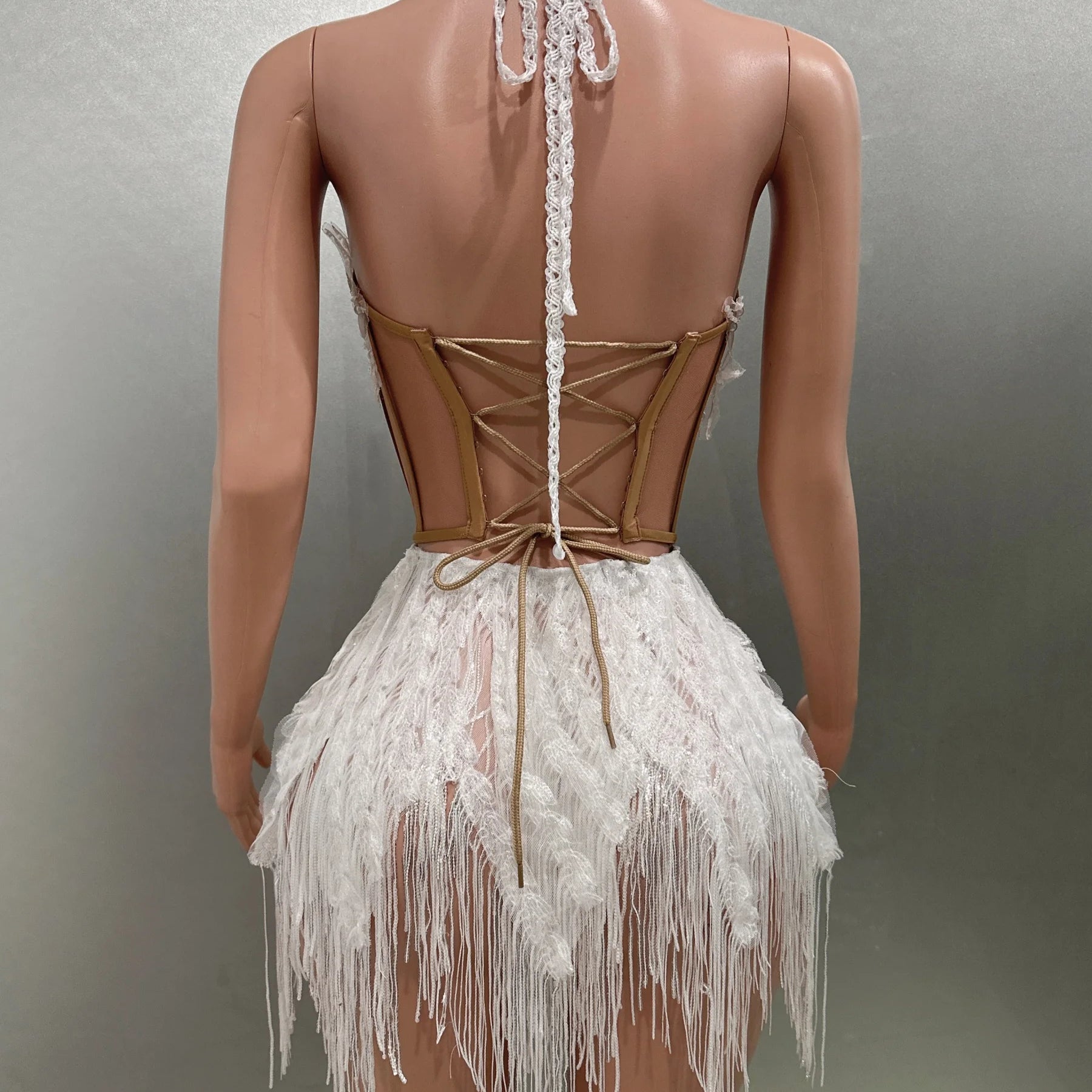 Shinning Sequins Tassels Sexy Halter Off the Shoulder 2 Pieces Bodycon Mini Dress Fashion Nightclub Party Performance Costume