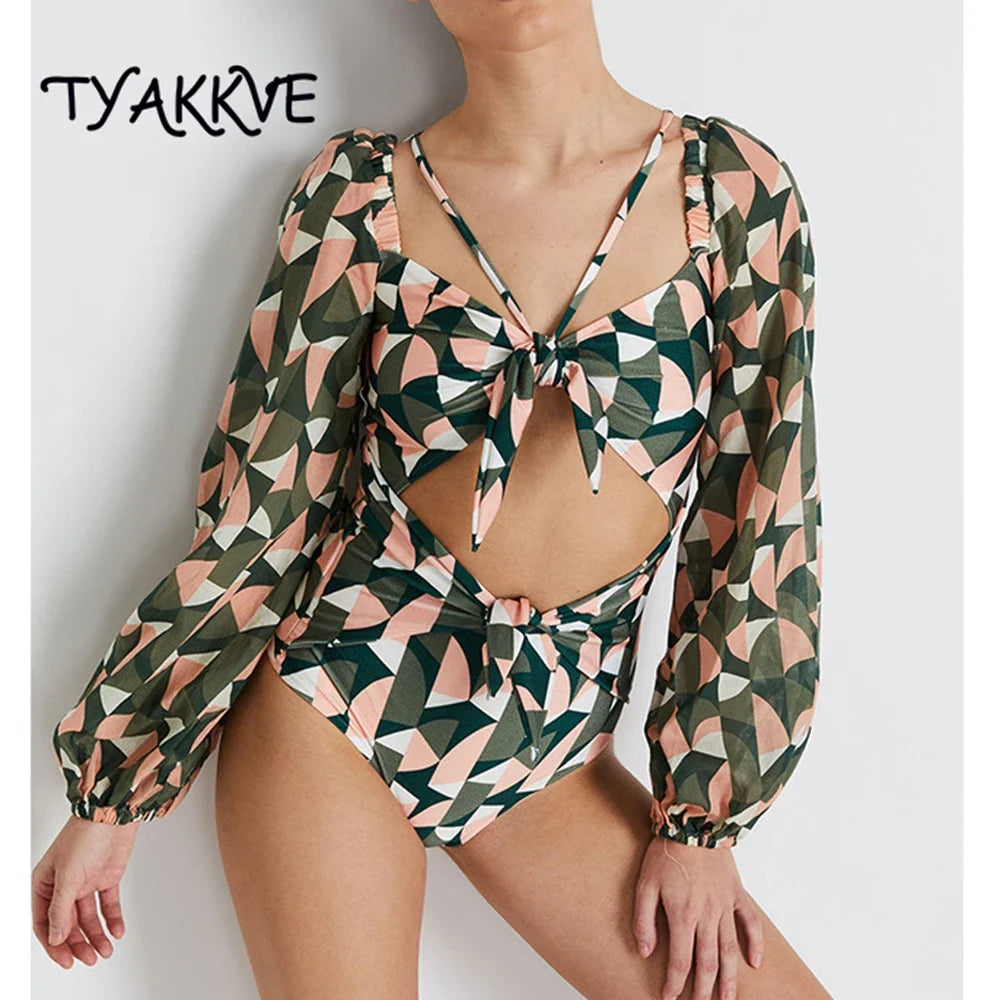 New Sexy One Piece Swimsuit Deep V Neck Swimwear Woman Monokini Long Sleeves Print Cut Bathing Suit Women Summer Beach Wear 11047-1
