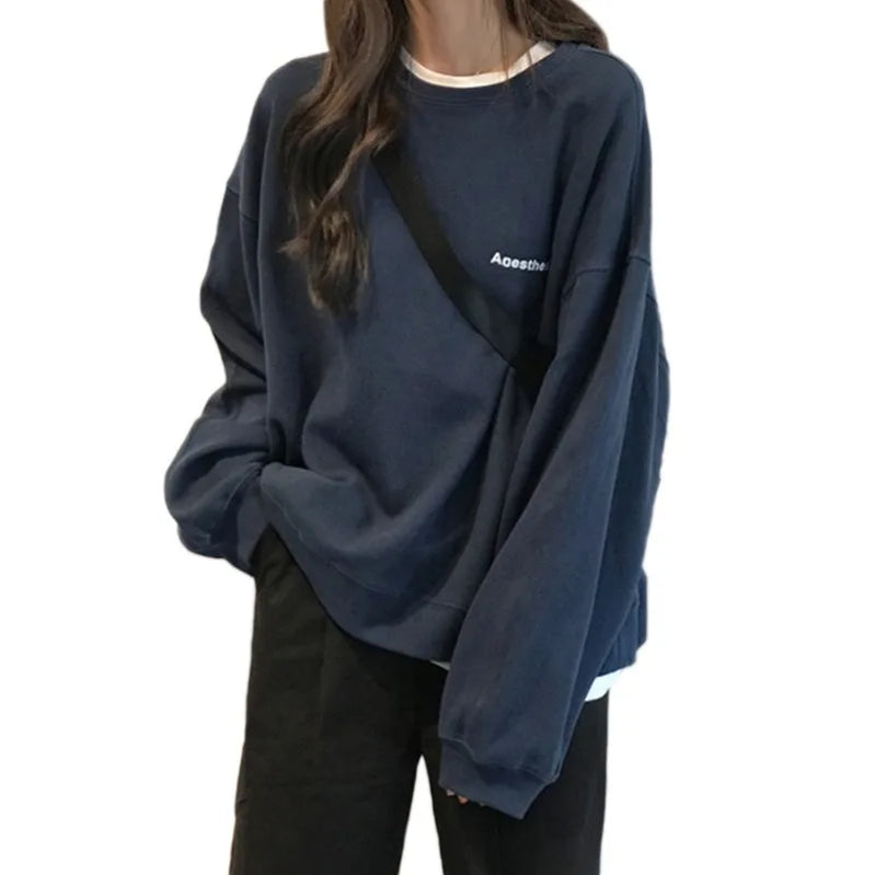 Autumn/Winter Korean Version New Academy Style Minimalist Letter Harajuku Long Sleeve Round Neck Hatless Sweater