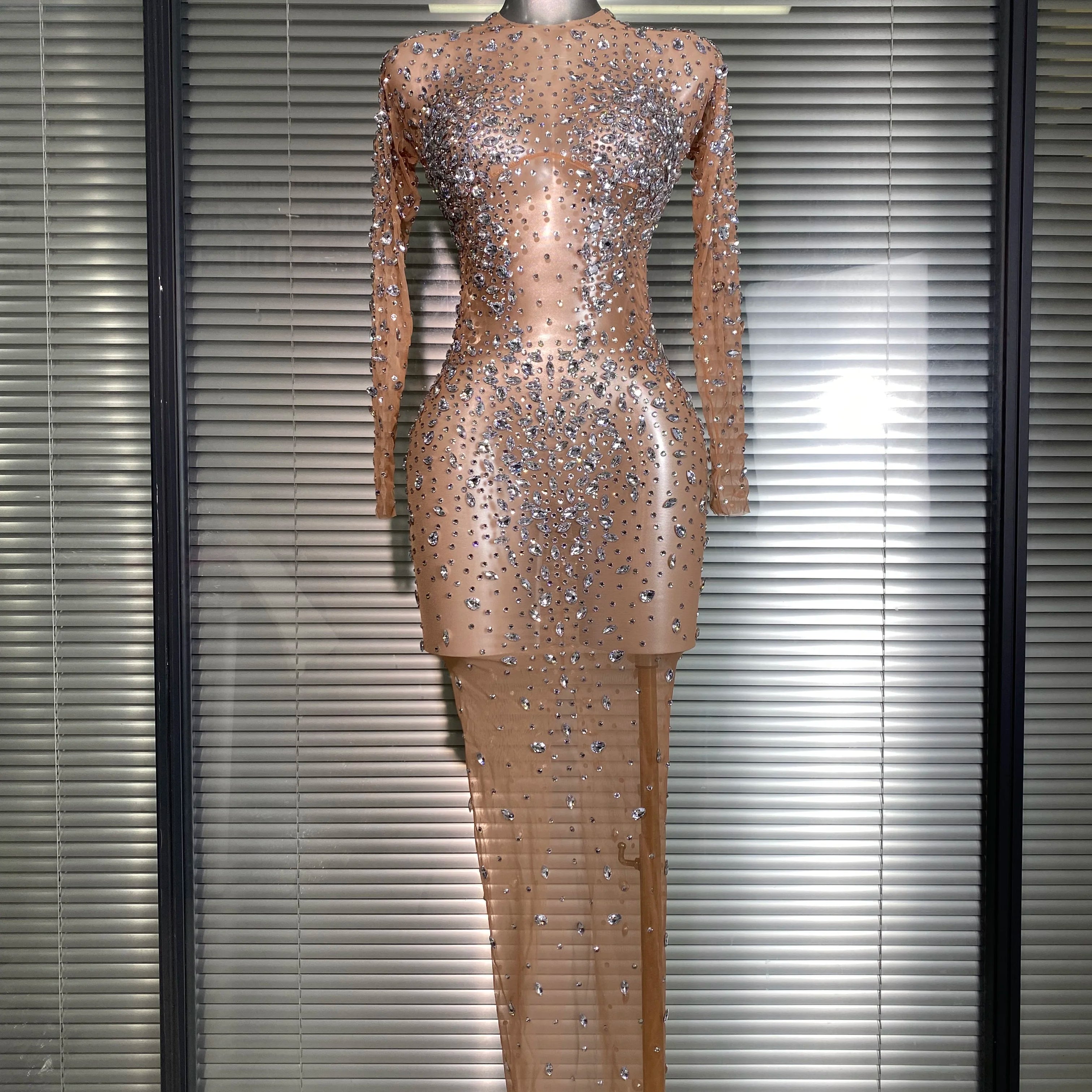 New Women Sexy Long Sleeve Mesh Sequins Maxi Dress See Through Skin Sheer Party Singer Party Costume Stage Performance Dress