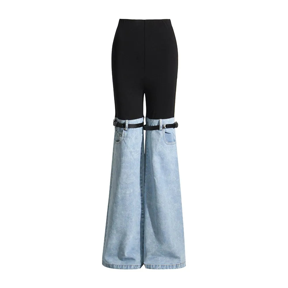 Hit Color Spliced Belt Jeans For Women High Waist Patchwork Pockets Slim Striaght Wide Leg Pant Female Fashion Style Clothes BLUE