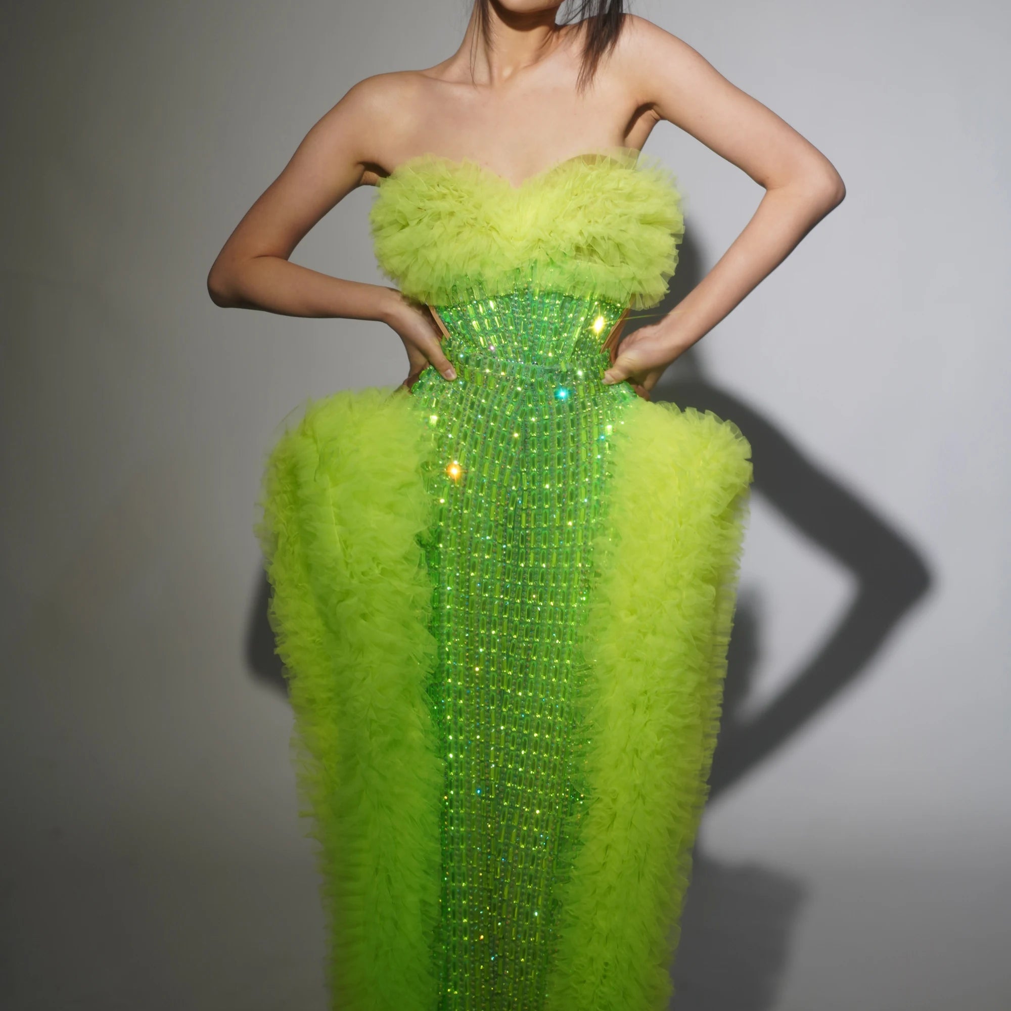 STOCK Women Sexy Mesh Ruffles 2 Pieces Laced-up Ball Gown Long Dress Fashion Nightclub Party Performance Costume Stage Wear