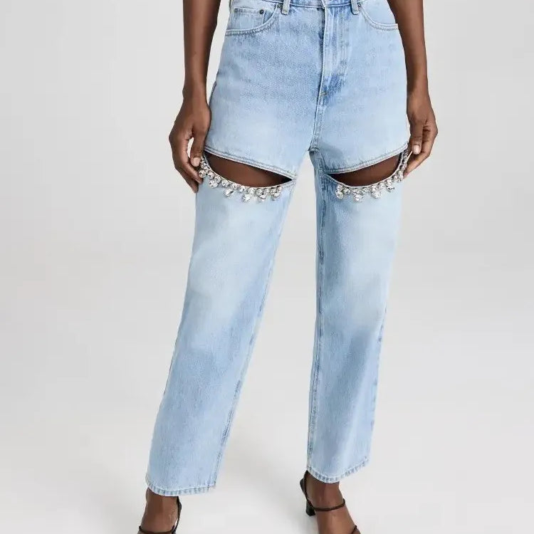 BPN Casual Spliced Diamond Jeans For Women High Waist  Hollow Out Solid Loose Wide Leg Denim Pants Female spring Clothing Style - Basso & Brooke