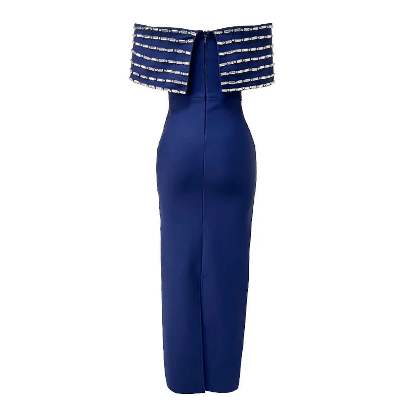 Blue Color Women Sexy Slash Neck Off the Shoulder Shinning Crystal Bodycon Long Bandage Dress Elegant Evening Party Outfit