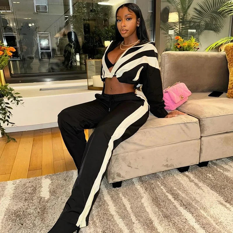 BIIKPIIK Contrast-color Women Tracksuits Sporty Fitness Fashion Two Piece Pants Sets Jacket + Pants Jogging Street Style Outfits Black 2 Piece Set