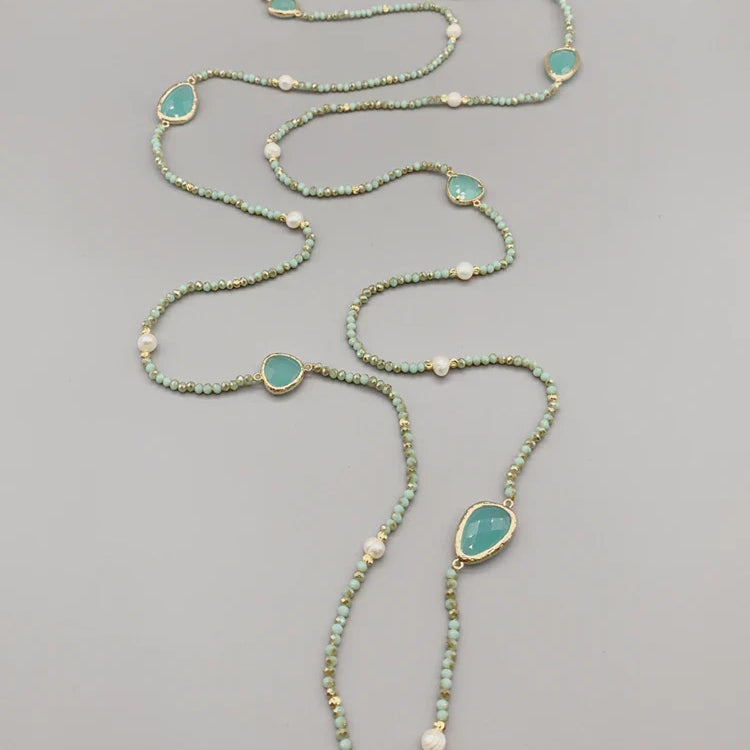Faceted Cut Irregular Aqua Quartz Long Necklace With 5-6mm White Freshwater Pearls 2mm Crystals And Hammered Gold Beads 50 Inch