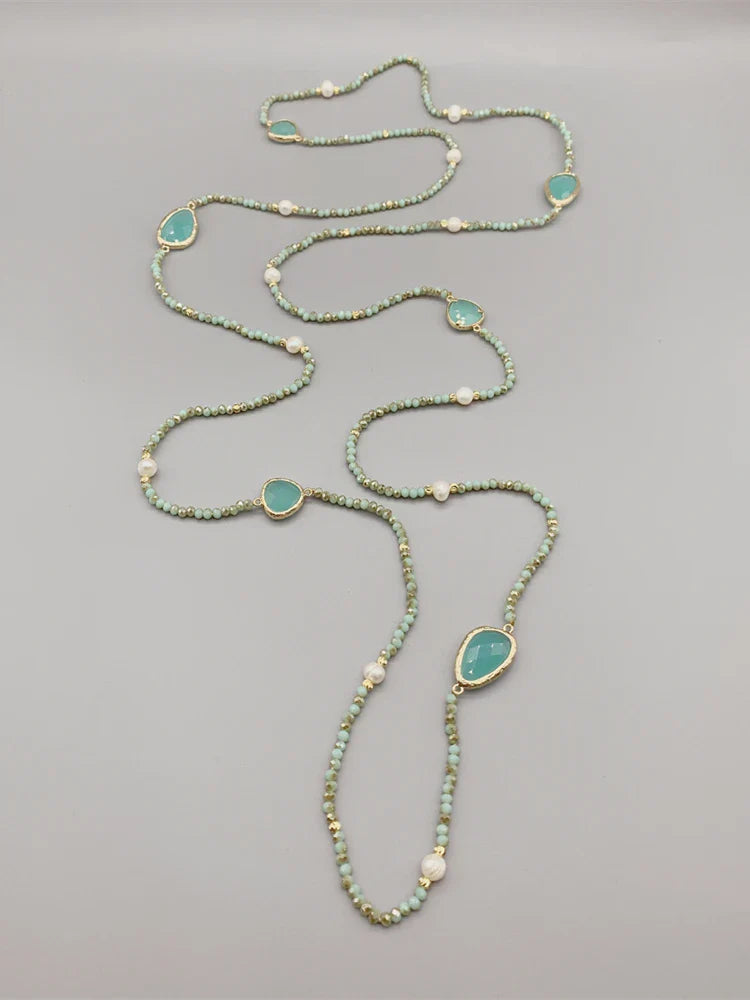 Faceted Cut Irregular Aqua Quartz Long Necklace With 5-6mm White Freshwater Pearls 2mm Crystals And Hammered Gold Beads 50 Inch