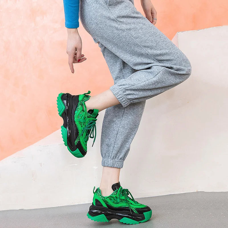 CXJYWMJL Genuine Leather Retro Sneakers for Women Thick Bottom Casual Vulcanized Shoes Ladies Autumn Breathable Chunky Sneakers