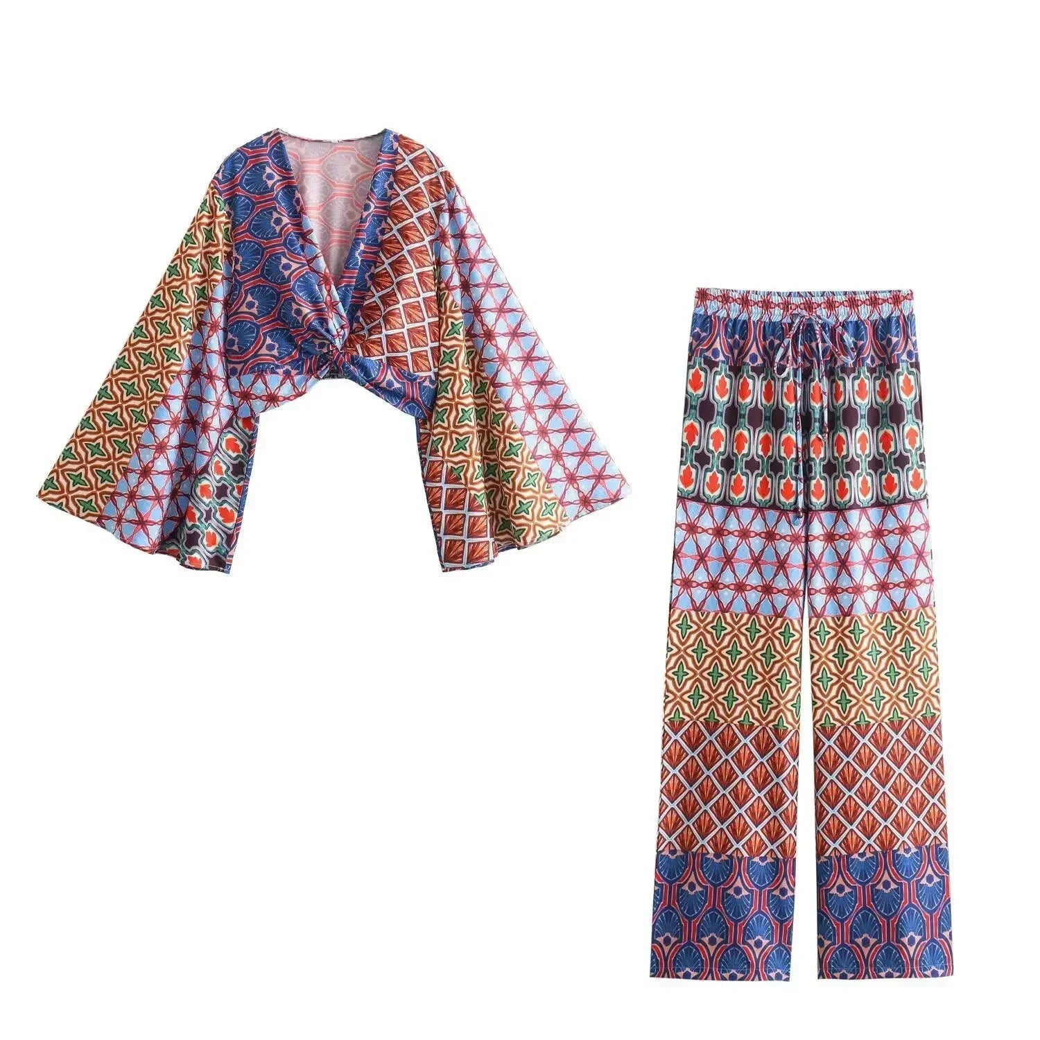Vintage Sexy Casual Print Straight Trousers Set For Women Chic V Neck Flare Sleeve Twisted Tops Suit Female High Street Outfits 2 Piece Set