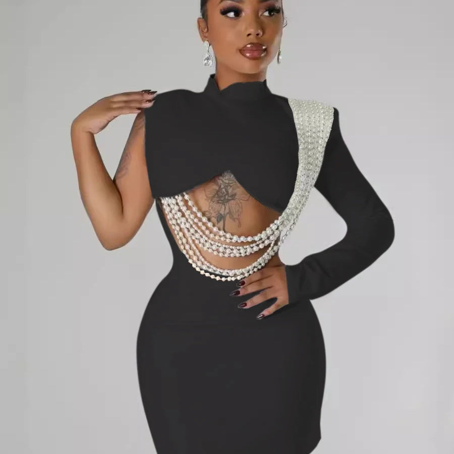 CM.YAYA Women Full Sleeve Elegant O-neck Mini Dress 2024 Summer Pearl String Sexy Street Night Club Party Vestidos Dresses