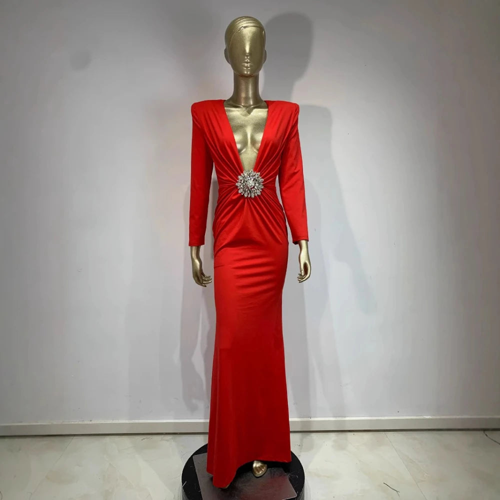 TWOTWINSTYLE Solid Slimming Spliced 3D Flower Dresses for Women V Neck Long Sleeves Temperament Dress Female Fashion Clothing