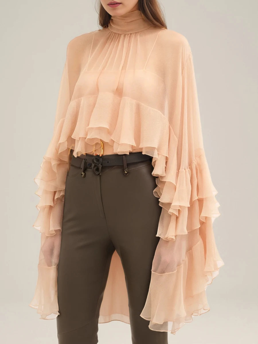 TWOTWINSTYLE Solid Loose Sheer Blouses for Women High Neck Long Sleeves Patchwork Ruffles Folds Elegant Blouse Female Clothing