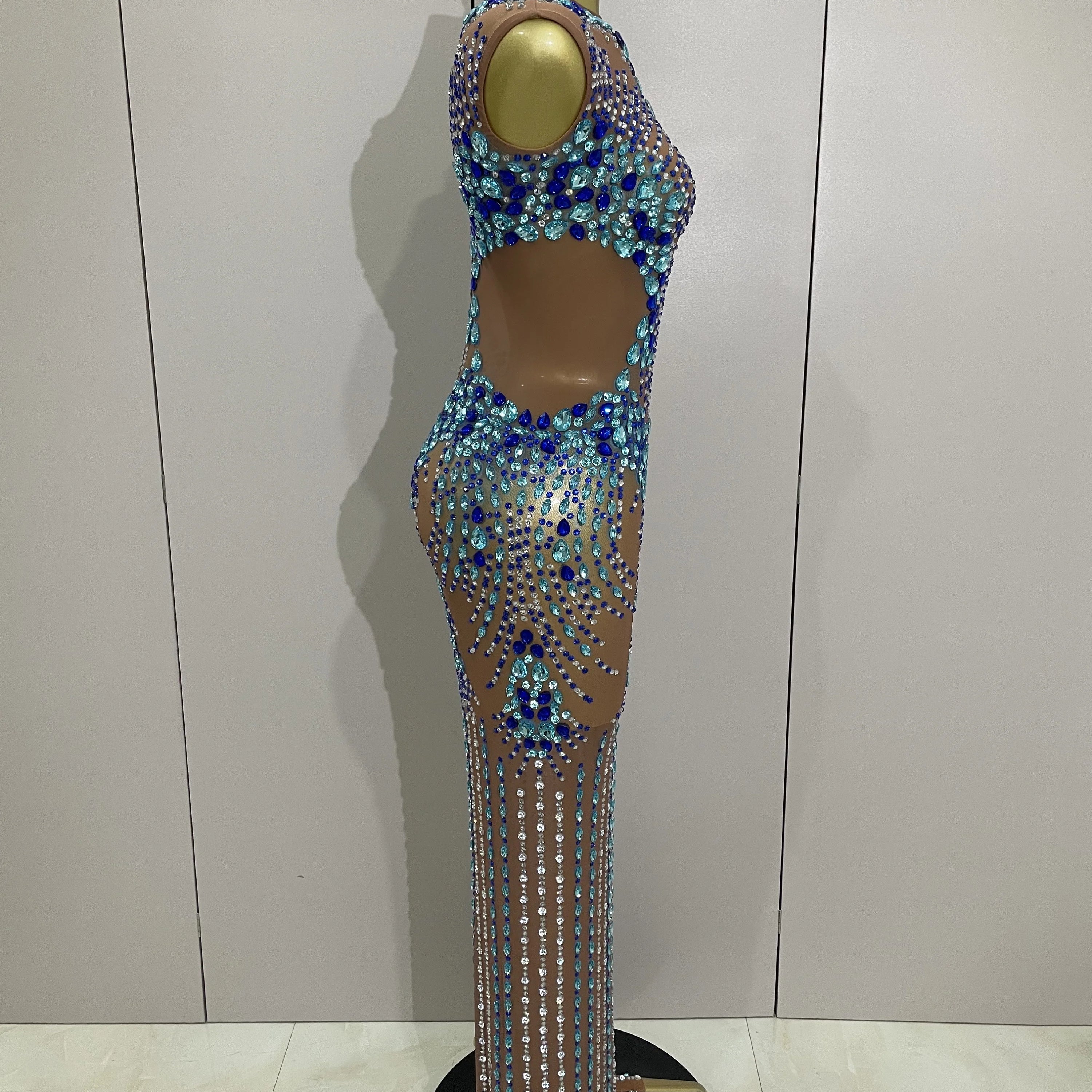 Luxury Sparkly Rhinestones Nude Sexy Mesh Maxi Dress 2025Women Evening Birthday Party Elegant Gown Show Red carpet Stage Costume