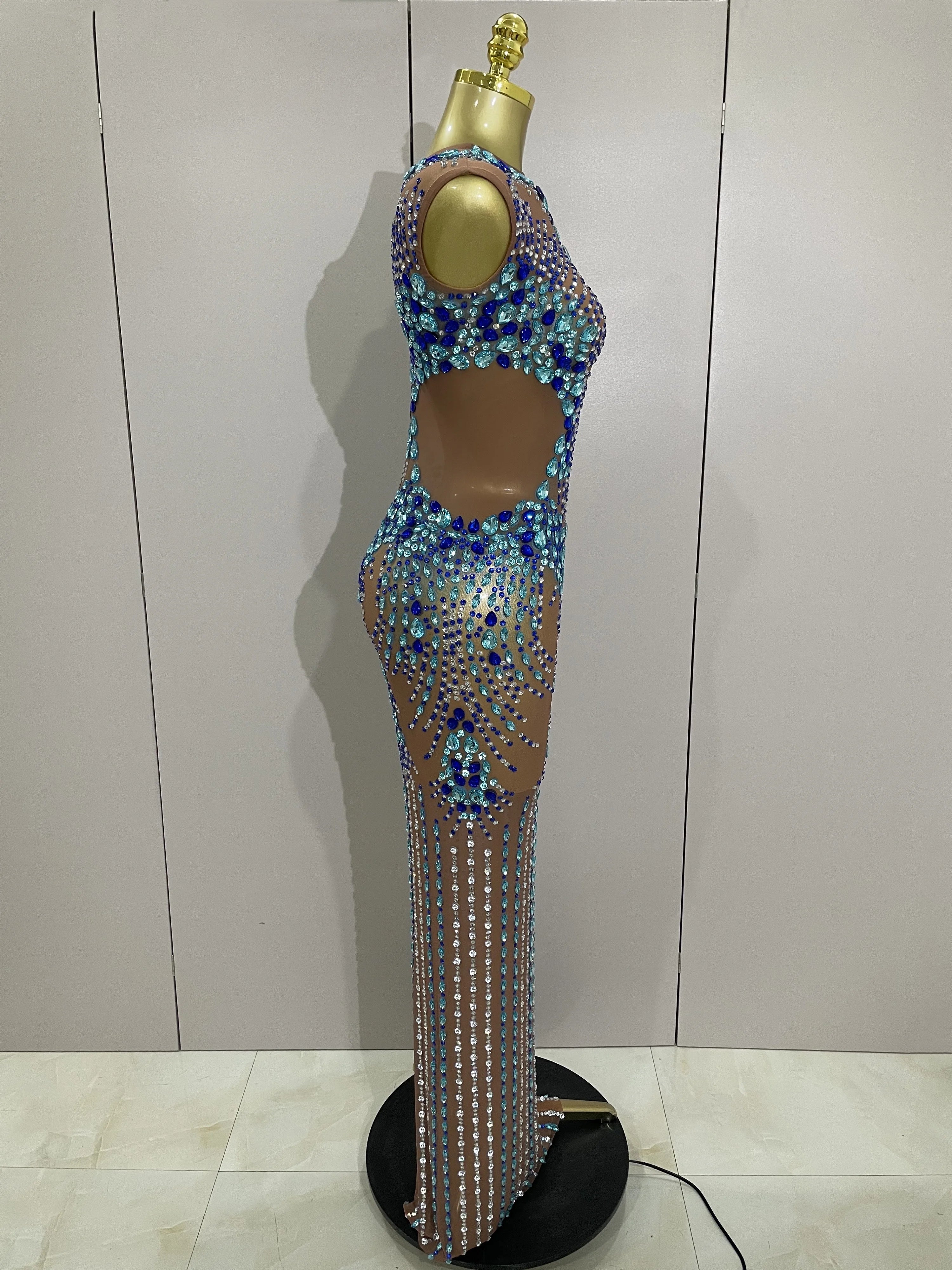 Luxury Sparkly Rhinestones Nude Sexy Mesh Maxi Dress 2025Women Evening Birthday Party Elegant Gown Show Red carpet Stage Costume