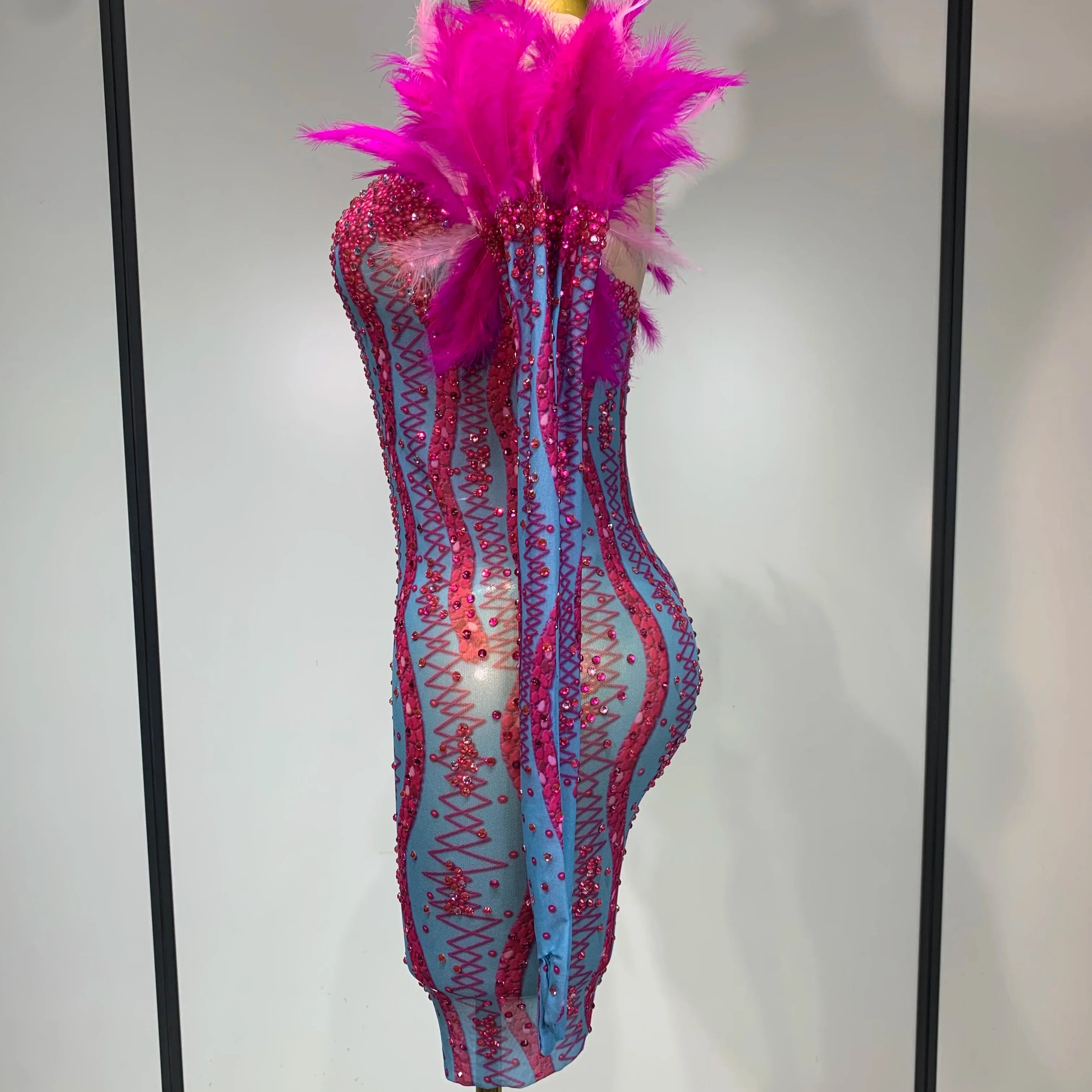 Women Sexy Mesh See Through Diamond Feather Dress  Elegant Evening Party Luxury Birthday Nightclub Performance Stage Costume