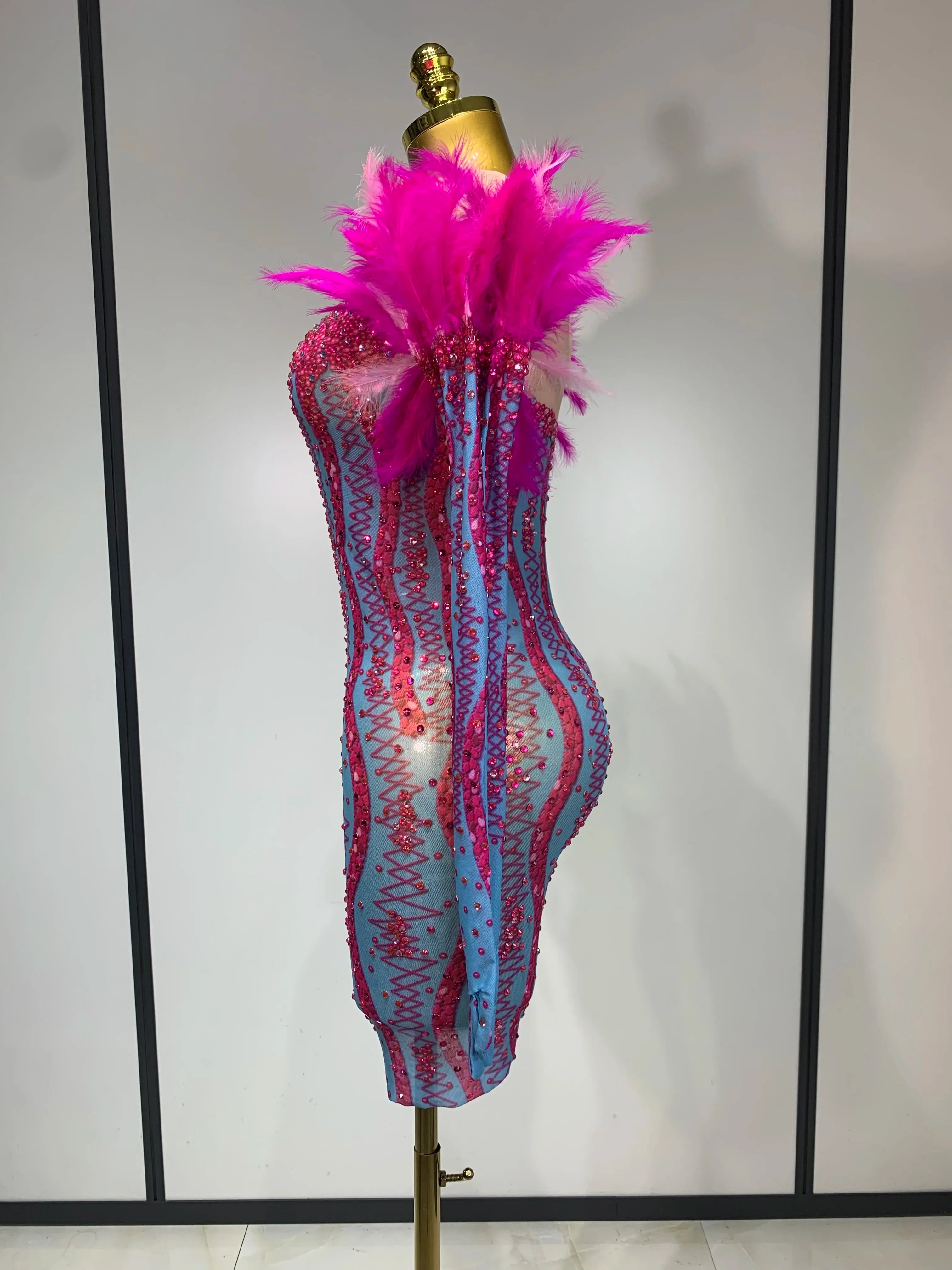 Women Sexy Mesh See Through Diamond Feather Dress  Elegant Evening Party Luxury Birthday Nightclub Performance Stage Costume