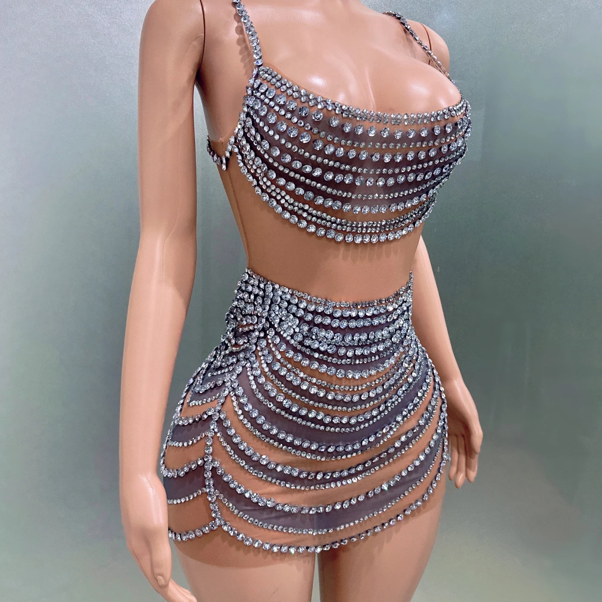 STOCK Women Sleeveless Sexy O-Neck Bodycon Mini Mesh Crystal Dress Celebrate Nightclub Party Bar Singer Performance Costume