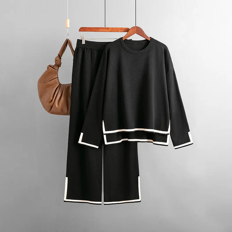 HLBCBG Knitted Women's Trousers Suit Two Piece Set Beige Winter Loose Long Sleeve Knitwear Flare Pants Sets Female Casual Suits