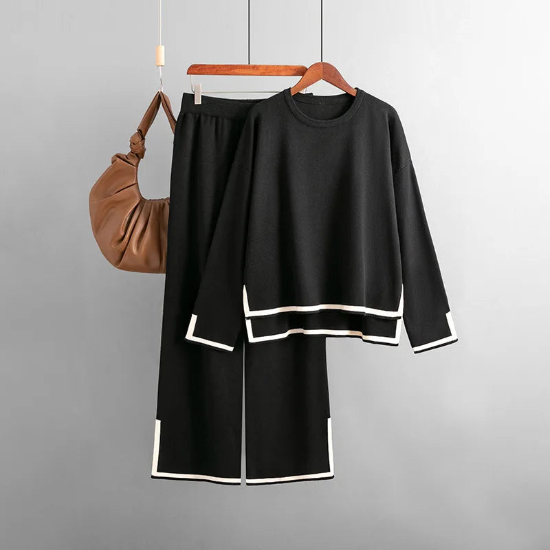 HLBCBG Knitted Women's Trousers Suit Two Piece Set Beige Winter Loose Long Sleeve Knitwear Flare Pants Sets Female Casual Suits