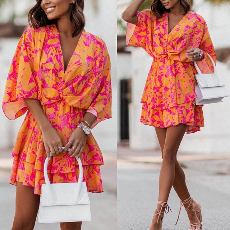 Women Bat Short Sleeve Dresses Summer Boho Floral Print High Waist Ruffle Vestido 2023 Holiday Party Sexy V Neck Robe Dresses