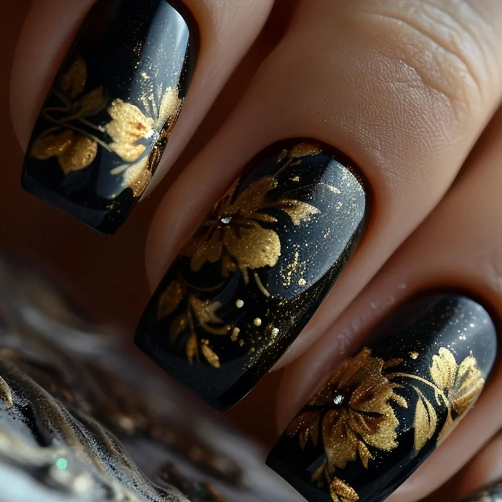 24Pcs Glitter Leaves Fake Nail with Designs Simple Roses Press on Ballet False Nail Patch Wearable Finished Full Cover Nail Tips