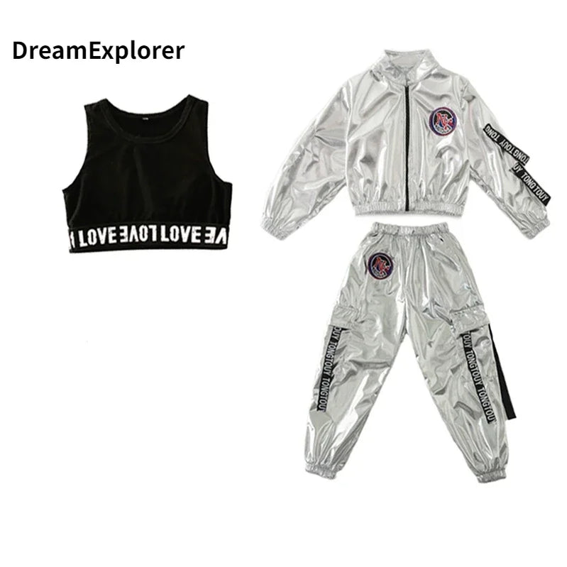 Hip Hop Boys Silver Jacket Girls Jazz Jogger Pants Street Dance Mini Skirt Clothes Sets Kids Sequin Costumes Child Streetwear Girl Pant 3 Pcs Set