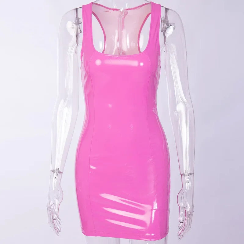 Latex Nightclub Dresses Bodycon Package Hip Summer Sexy PU Patent Leather Sheath Tank Dress Women Short Mini Low Cut Slim
