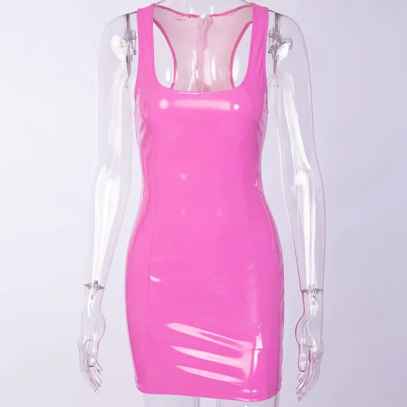 Latex Nightclub Dresses Bodycon Package Hip Summer Sexy PU Patent Leather Sheath Tank Dress Women Short Mini Low Cut Slim
