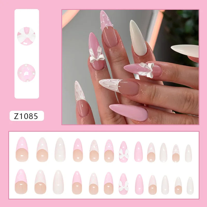 24pcs Summer Green Almond Press on Nails Fashion y2k Star Print False Nails Ins Simple Wearable Reusable Fake Nails for Women