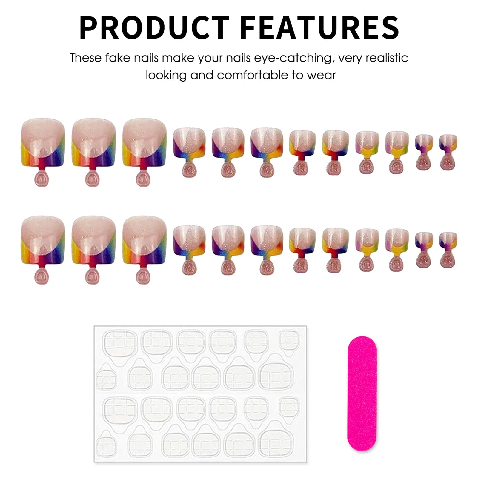 24Pcs Nude Color Fake Toenails Summer Colorful French Tip Press On Toe Nails Glossy Sequins Designs Full Cover False Nails