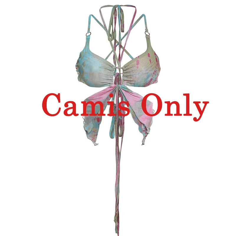 Zenaide Fall Mesh Butterfly Women 3 Piece Set Bandage Cami+Irregular Skirt+Fairy Festival Crop Top Tie Dye Rave Party Outfit Y2K Green Camis Only