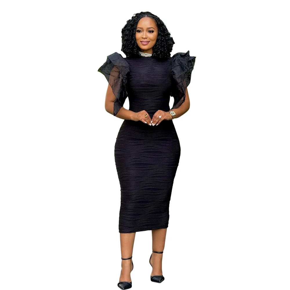 CM.YAYA Women Ruffles Short Sleeve O-neck Striped Knee Length Dress Street Vestidos Sexy Night Club Party Evening Chic Dresses Black