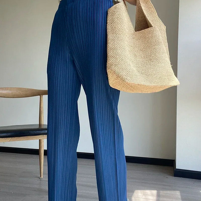 Spring Summer Autumn Women Casual Elegant Ladies Miyake Designer Casual Loose Straight Pleated Pants High Waist Trousers