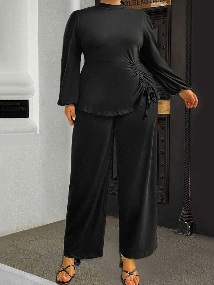 Autumn Plus Size Top and Pant Suit for Women 2 Pieces Pant Sleeve Ladies Pleated Elegant Casual Outfits Wholesale Dropshipping