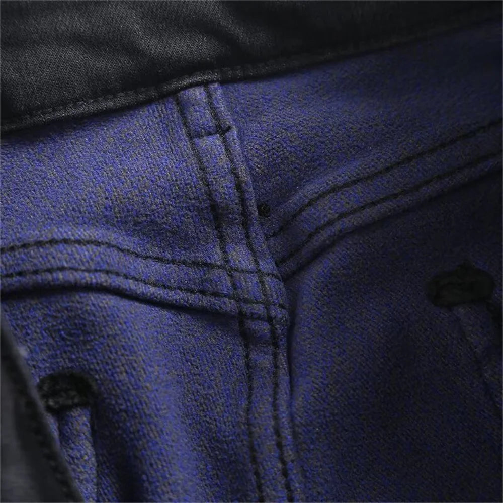 Velvet and Thickened Women's Fashion Two tone Vintage Elastic High Waist Zipper Flocked denim Pants Mujer