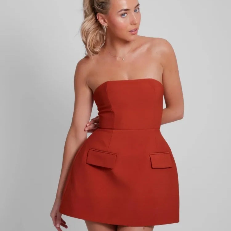 Sexy Solid Strapless Mini Dress For Women Elegant Slim Backless Pockets A-line Dresses Female Chic High Street Vestido Robe