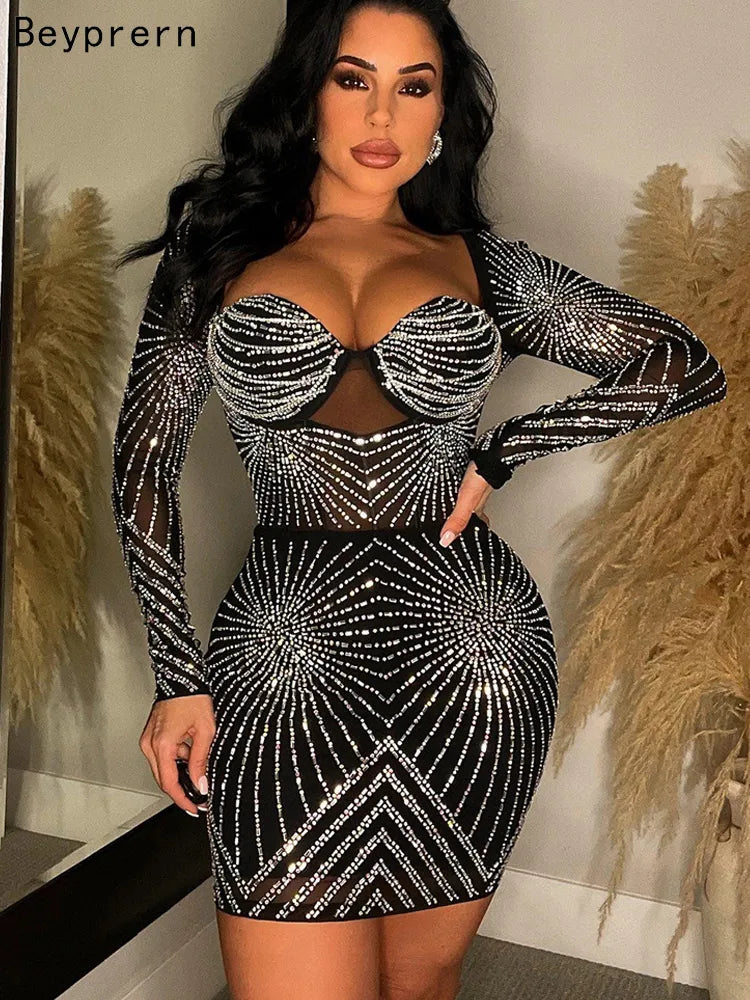 Luxury Geometric Black Rhinestone Short Party Dresses Robe Femme Women Elegant Sequin Bodycon Night Dress Sexy Clubwear